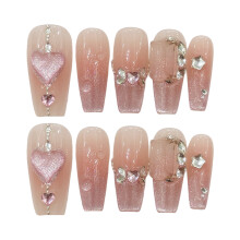 (2857) 10PCS Pink Cat Eye Fake Nails with Rhinestones