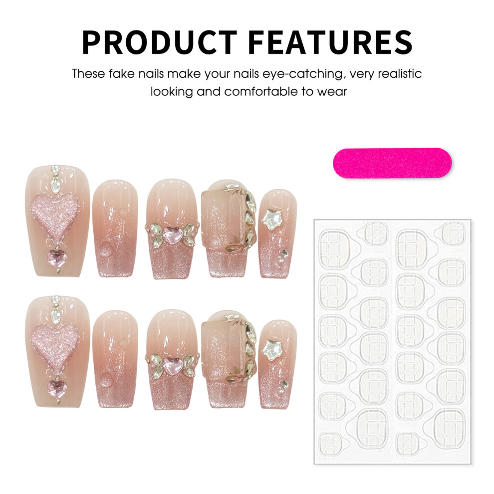 Roc-Electron (2876) 10Pcs Pink Cat Eye Fake Nails With Rhinestones