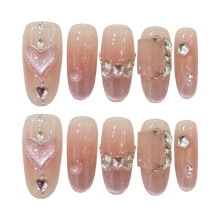 (2855) 10PCS Pink Cat Eye Fake Nails with Rhinestones