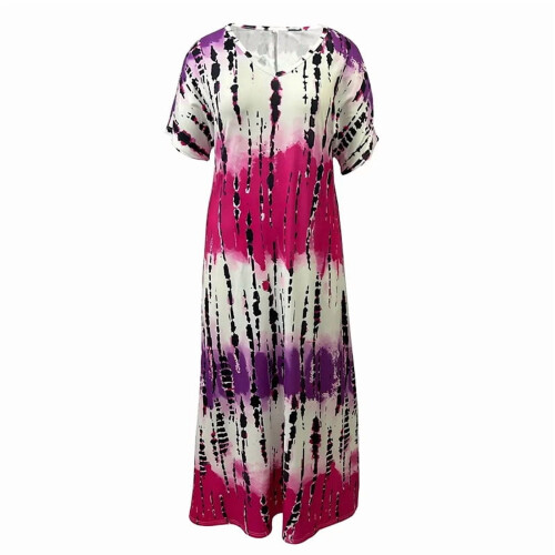 Γυναικείο φόρεμα παραλίας, μακρύ, boho, tie-dye, με κοντό μανίκι και V λαιμόκοψη, με 1