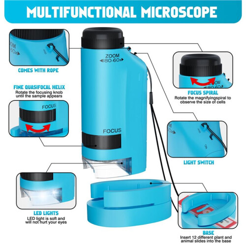 4pcs Portable Microscope for Kids  60x-180x,Handheld  Microscope Toy,STEM&Science Toys,LED Pocket Microscope 2
