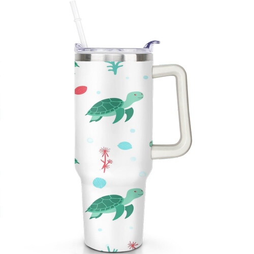 Χαριτωμένο ποτήρι Sea Turtle 40oz με λαβή, καπάκι και καλαμάκι – Ανοξείδωτο ατσάλι, 1