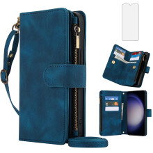 Wallet Case with Zipper Card Holder, Wrist Strap, Kickstand and Screen Protector for Samsung Galaxy S23