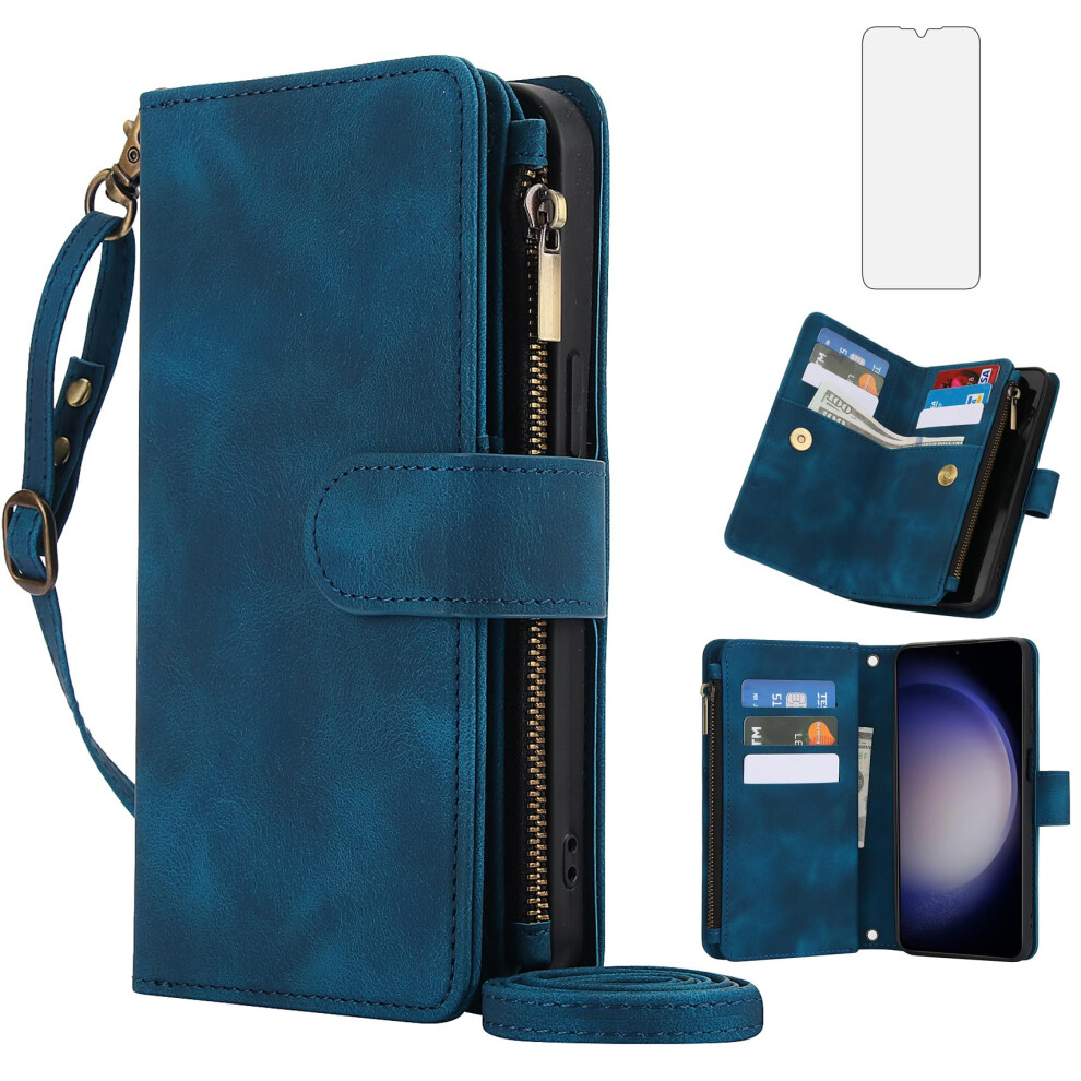 Wallet Case With Zipper Card Holder, Wrist Strap, Kickstand And Screen Protector For Samsung Galaxy S23 Blue 9771547611240