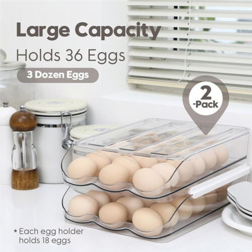 Clear Plastic Egg Holder for Fridge, Automatic Rolling Egg Container for Kitchen Storage and Organizer, Set of 2 1