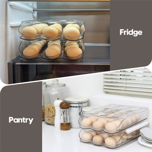 Clear Plastic Egg Holder for Fridge, Automatic Rolling Egg Container for Kitchen Storage and Organizer, Set of 2