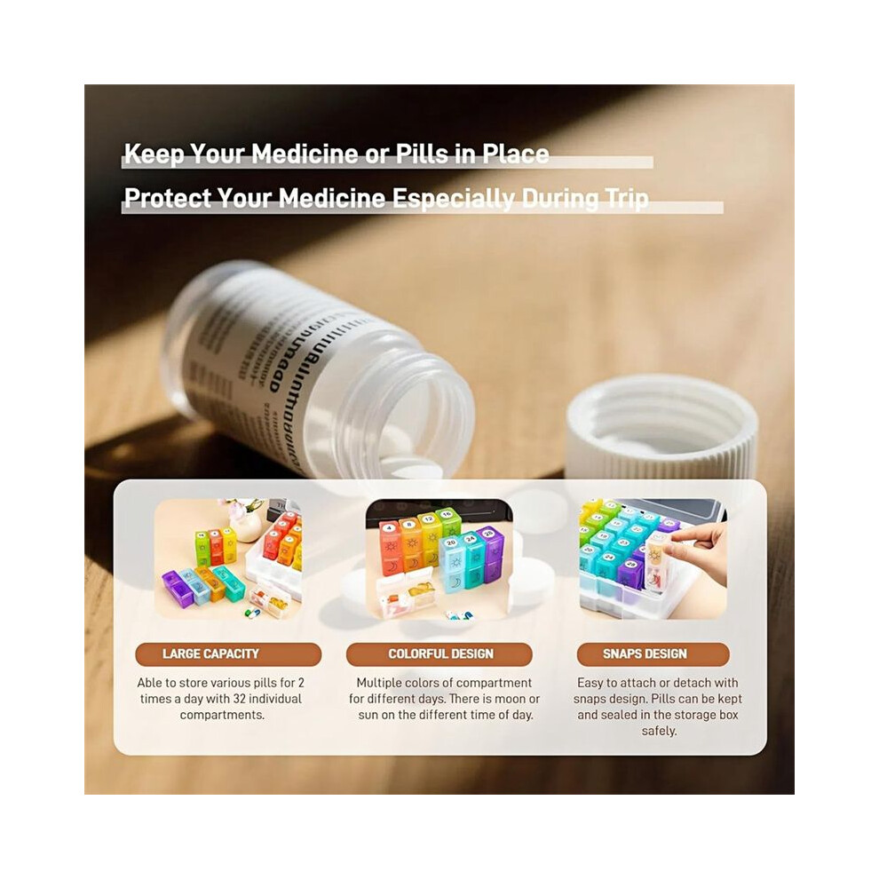 Tauoh Monthly Pill Cases Travel Dispenser Storage Container Colorful Pill Dispenser Packing Container 32 Slot Pill Box Clear