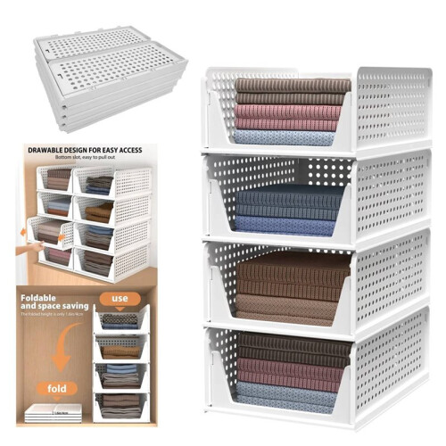 4 Pack Wardrobe Storage Organiser Stackable Plastic Storage Basket Cupboard Organiser Folding Storage Boxes for Bedroom 2