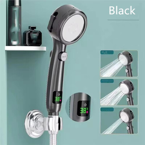 High Pressure Handheld Bathroom Shower  Water Saving Showerhead Adjustable Gush Digital Temperature Display Black 2