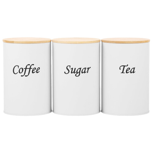 Coffee Tea Sugar Container Set - White Iron Kitchen Canister Set with Bamboo Lids (3 Pieces) 2