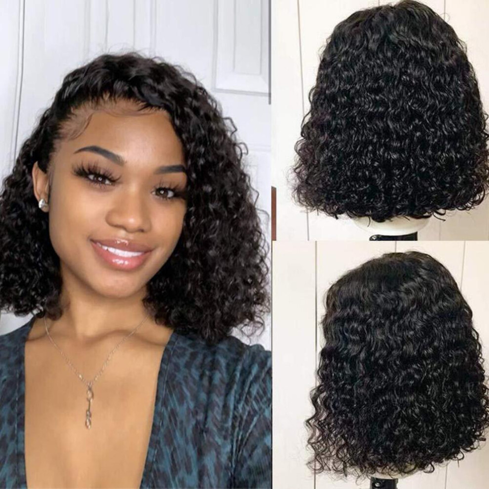 Deep Wave Lace Frontal Wig 14in 150% Density Brazilian Hair Black Woman
