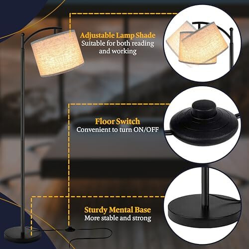 Arc Floor Lamp LED, Linen Shade, 3 Light Modes 2
