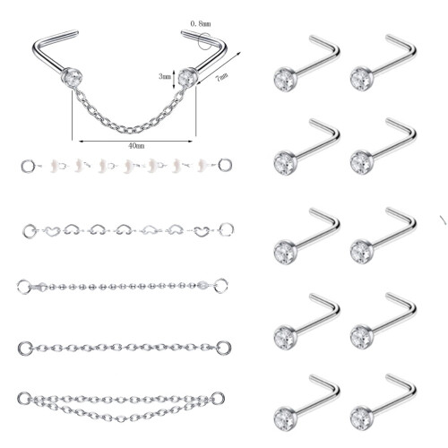 15 τεμάχια/σετ piercing αλυσίδας μύτης, στρογγυλά κρυστάλλινα δαχτυλίδια μύτης σε 1