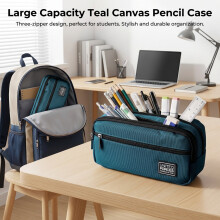 (Peacock Blue) 3-Layer Canvas Pencil Case, Durable & Stylish