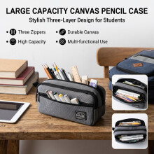 (Grey) 3-Layer Canvas Pencil Case, Durable & Stylish