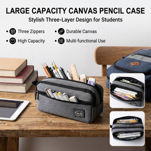 (Grey) 3-Layer Canvas Pencil Case, Durable & Stylish