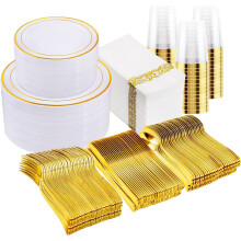 Gold Plastic Plates Disposable Dinnerware Set for 50 Guests, 350PCS with Cups and Cutlery, Wedding