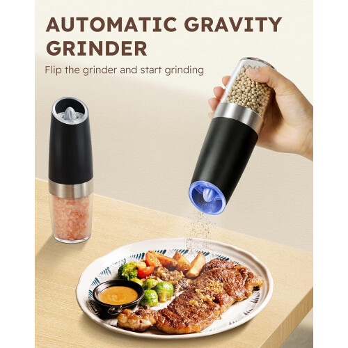 2 Pack Gravity Electric Salt and Pepper Grinder Set Automatic Battery Powered Salt Mill, Adjustable Coarseness, with Blue LED Light 2