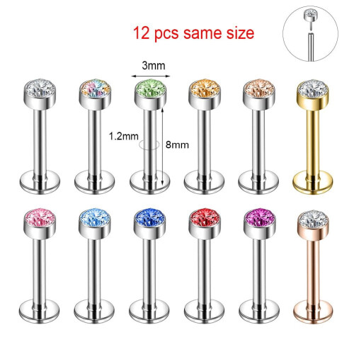 Πολύχρωμα δαχτυλίδια Labret Lip Studs Push-in, από ανοξείδωτο ατσάλι, 12 τεμάχια 1