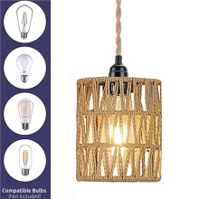 3X Lámpara Colgante Bohemia con Enchufe, Lámpara Colgante con Cable, Lámpara de Techo de Ratán, Lámpara Cilíndrica con Interruptor y Enchufe