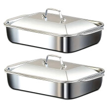2PCs Tainless Steel Baking Pan Set with Lids-Dish for Fish/Pasta/Grilling Oven & Dishwasher Safe Cookware