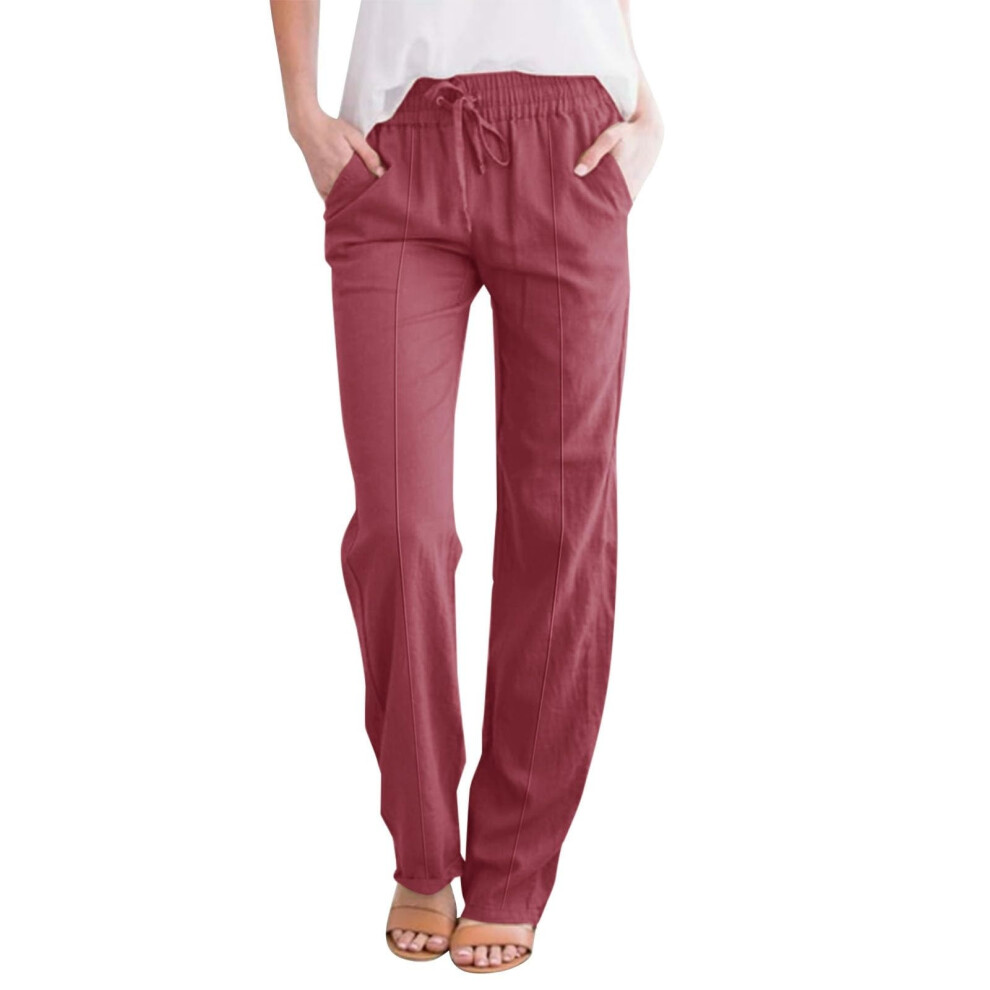 Burgundy Womens Cotton Linen Palazzo Pants Drawstring- Xxxl