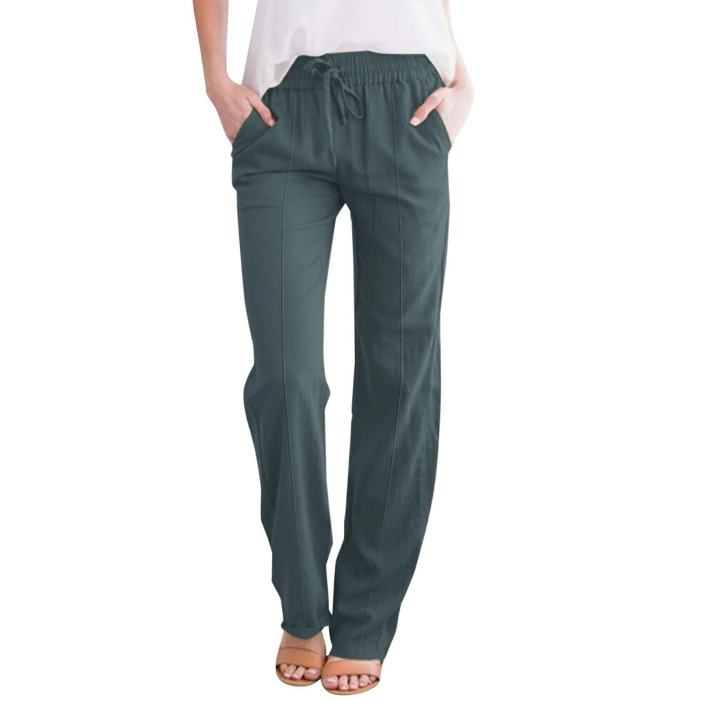 Turquoise Womens Cotton Linen Palazzo Pants Drawstring- S