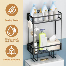 2-Tier over Toilet Storage Shelf - Wall Mounted with Hooks Paper Holder, Bathroom Space Saver Organizer for Home,Black