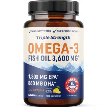 Triple Strength Omega 3 Fish Oil 3600 mg | EPA & DHA | Over 2100mg Omega-3 Fatty Acids | 1300mg EPA + 860mg DHA | Best Essential Fatty Acids | Pr