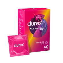 Durex Pleasure Me, 40 Condoms, Dotted and Ribbed, Regular Fit, With Extra Silicone Lube, Trusted Durex Protection, With Silicone Lube, Easy on Shape,