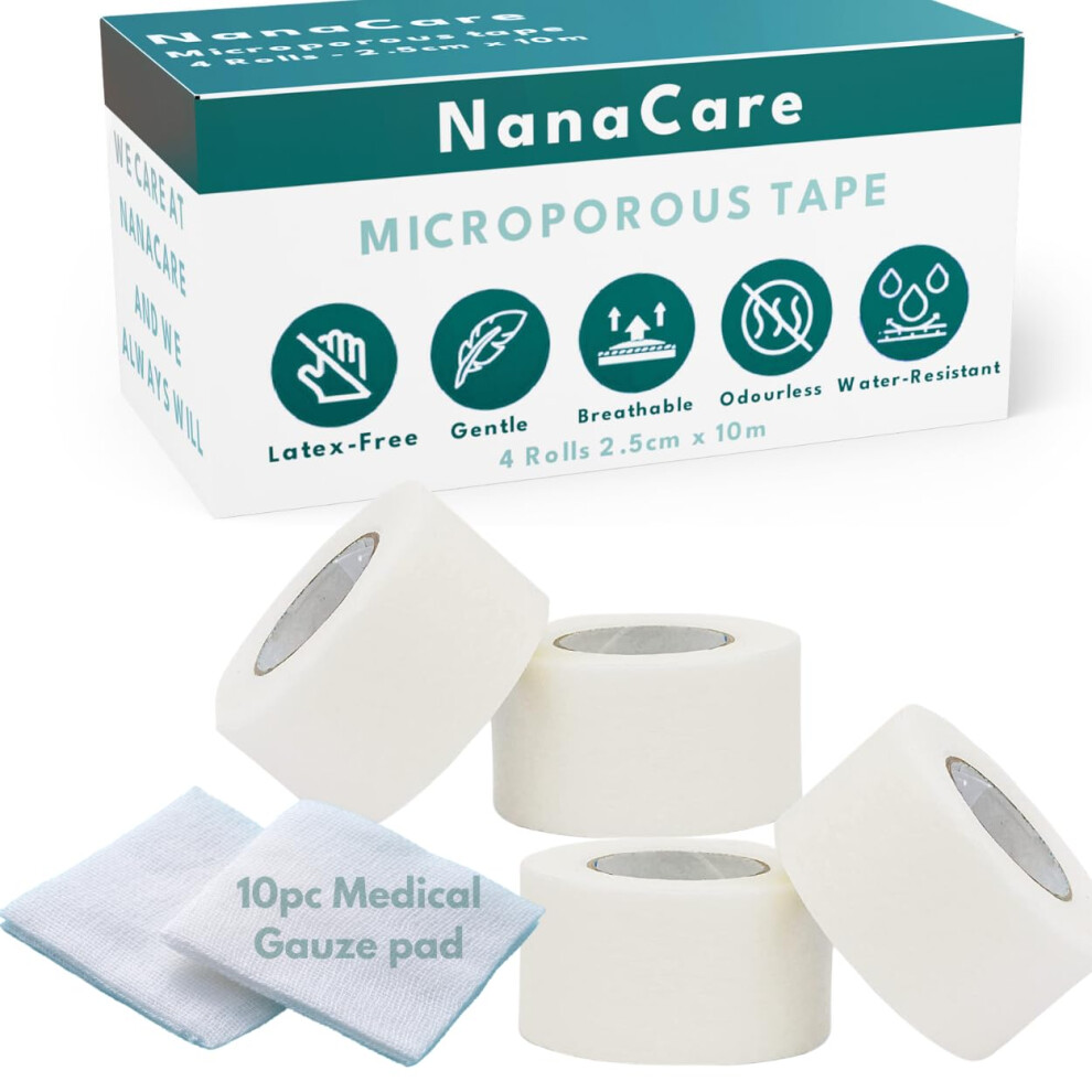 Nanacare Microporous Medical Tape Waterproof 4 Rolls 2.5Cm X 10M + 10Pc Gauze