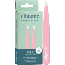 Cliganic Professional Eyebrow Tweezers Slant Tip - Precision for Men & Women, Stainless Steel Best for Plucking Chin Facial Hair (Pink, 2 Pack)