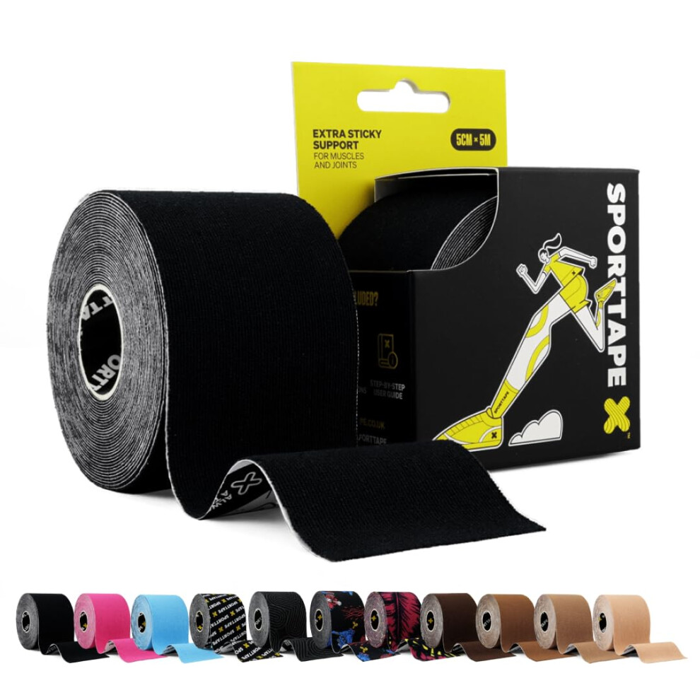 Sporttape Black Kinesiology Tape 5Cm X 5M | Waterproof & Hypoallergenic Kinetic