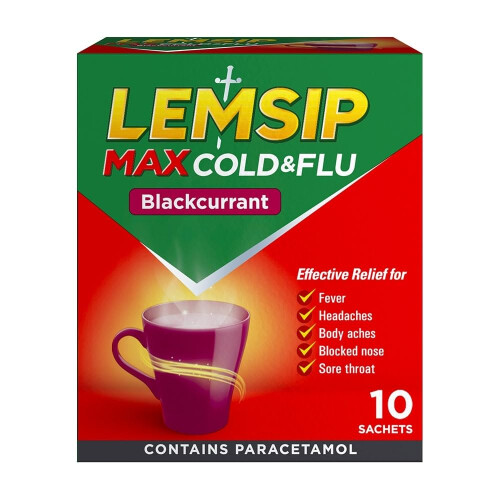 Lemsip Lemsip Max Cold And Flu Sachets Blackcurrant 10 Total Paracetamol Cold And