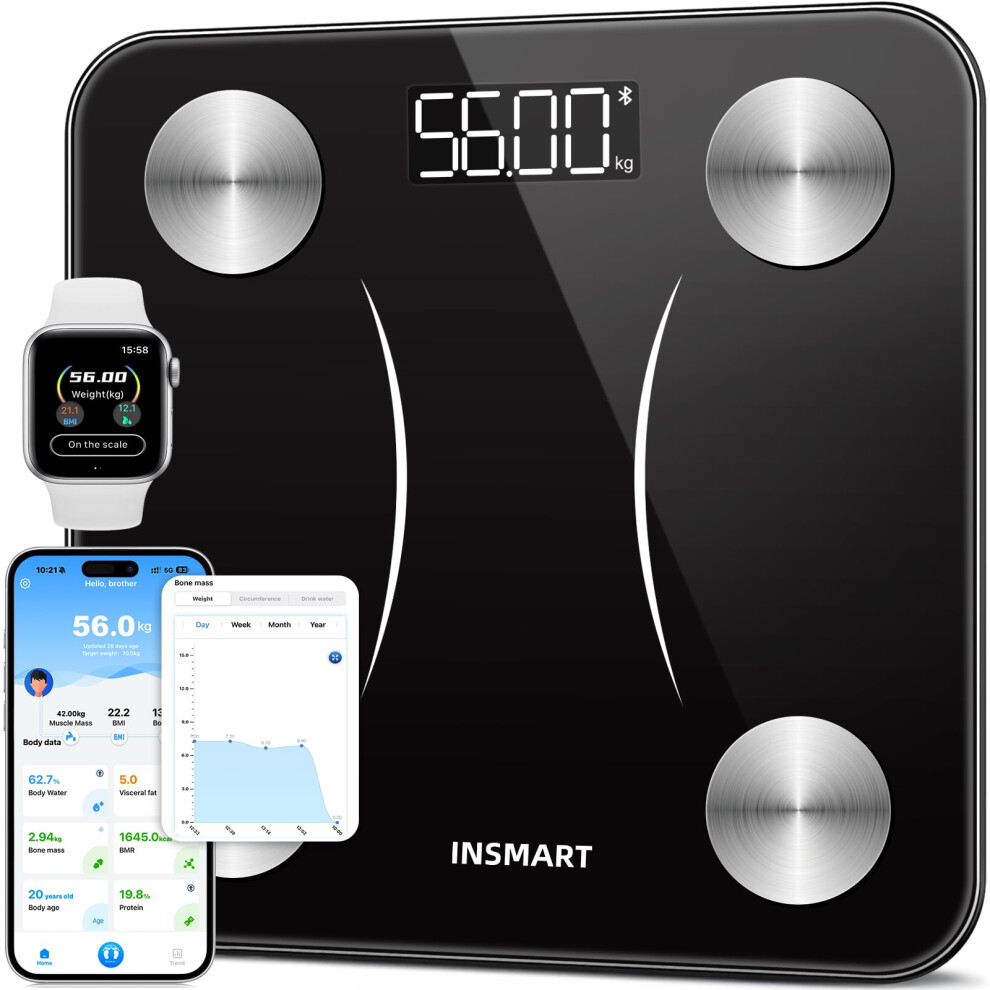 Insmart Bluetooth Body Fat Scales, Smart Digital Bathroom Weight Weighing Scales For Body Composition Analyzer With Smart App, Body Composition Fitbi