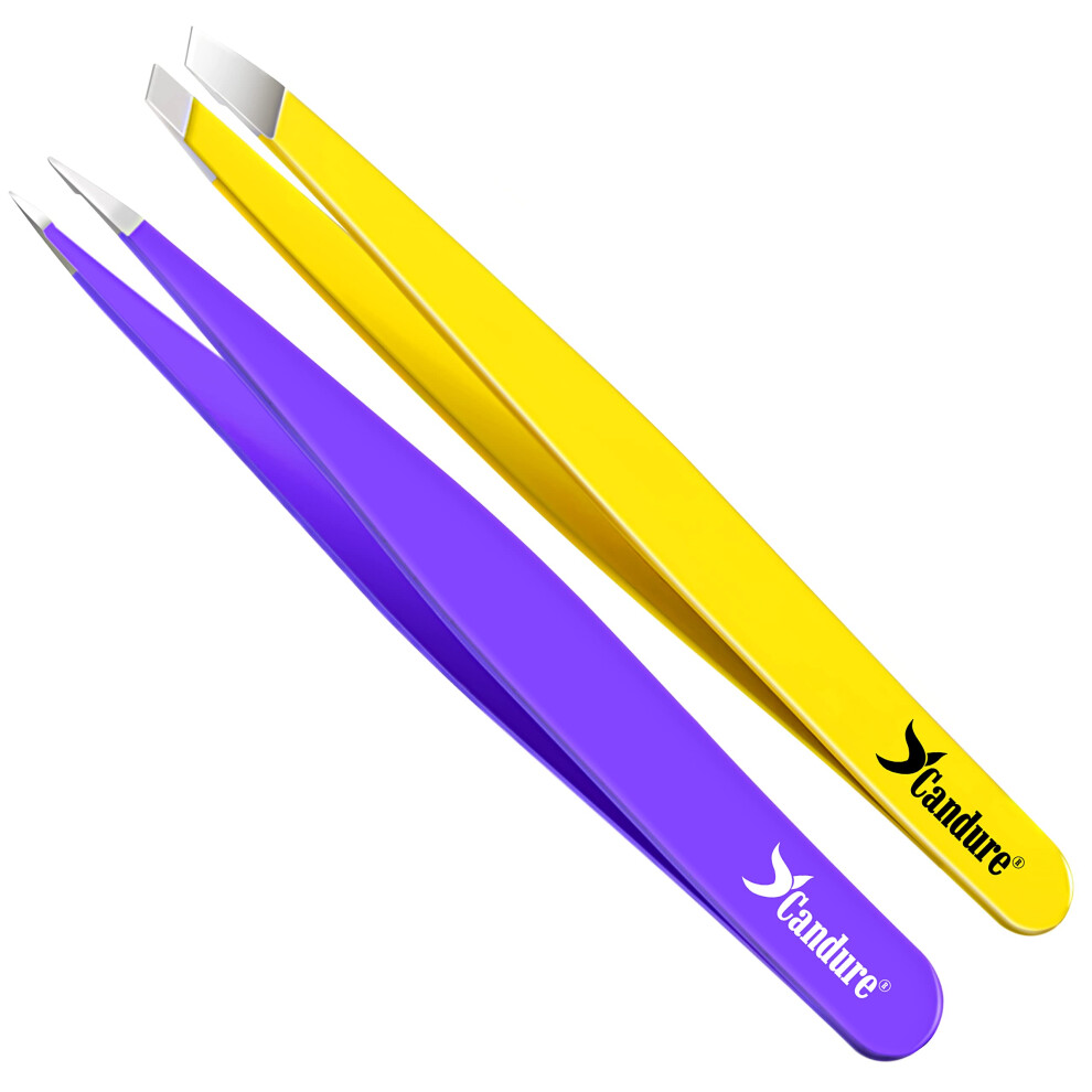 Candure Tweezers Slanted & Pointed Tip Eyebrow Tweezer Set For Facial Hair