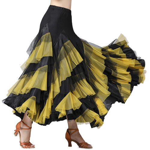 Lang Nederdelskjole Square Dance Flamsk Elastisk Net Latin Tango Chiffonkjole til E Gul 1