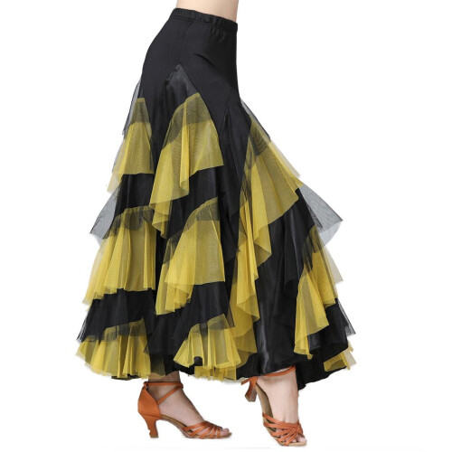 Lang Nederdelskjole Square Dance Flamsk Elastisk Net Latin Tango Chiffonkjole til E Gul 2