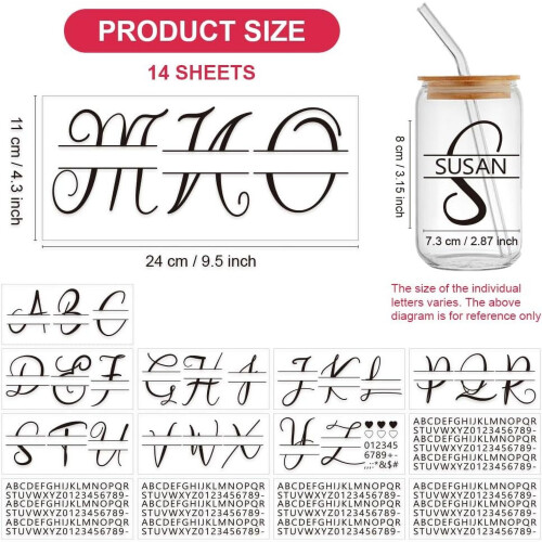 14 τεμάχια UV DTF Cup Wraps AZ για γυαλί 16oz, μαύρα αυτοκόλλητα αλφαβήτου, συμβατά με 1