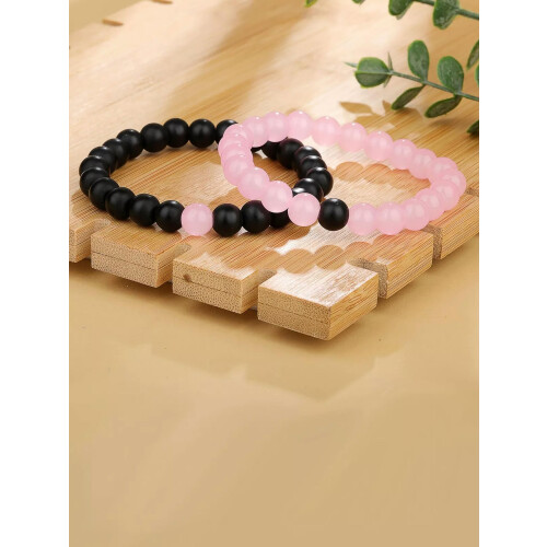 Couple Beaded Bracelet Black Pink 2 pcs 2