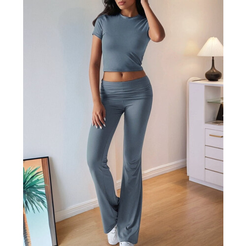 Solid Color Slim Fit Short Sleeve Trousers Suit Gray Blue M 1