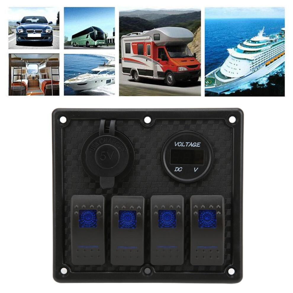4 Gang Rocker Switch Panel With Voltmeter & Dual Usb 4.8A For Car Rv Boat Blue 9351391475832