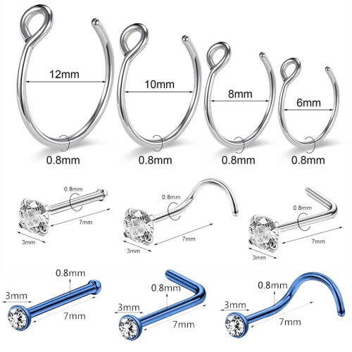 8 τεμάχια/σετ 20 γρ. Piercing δαχτυλιδιών μύτης σε σχήμα C, piercing ρουθουνιού με κρύσταλλο, 1