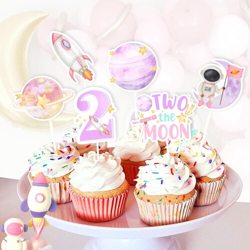 Two The Moon Birthday Cupcake Toppers Pink Planet Rocket 1