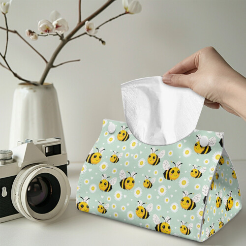 Daisy Bee Print PU Leather Tissue Box Cover, Rectangular Tissue Holder for Tabletop/Bathroom/Car/Office – 2 Pcs 1