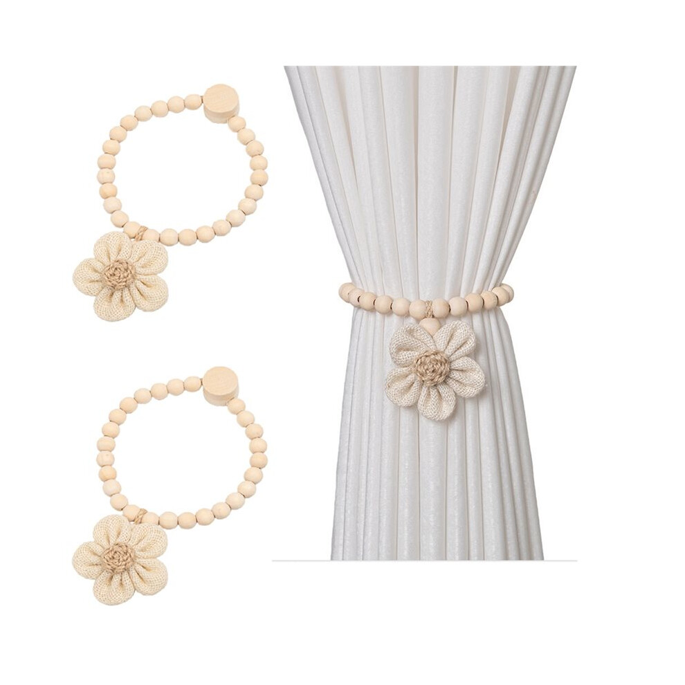 Saudism 2 Pcs Strong Magnetic Curtain Holdbacks Beaded Sunflower Magnetic Curtain Tiebacks Boho Wooden Curtain Tie Backs White