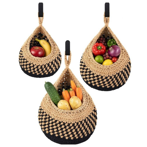 Boho Decor Hanging Wall Baskets Set for Kitchen 3 Pcs Teardrop Baskets with Hooks Storage Fruit Onion Vegetable Potato B