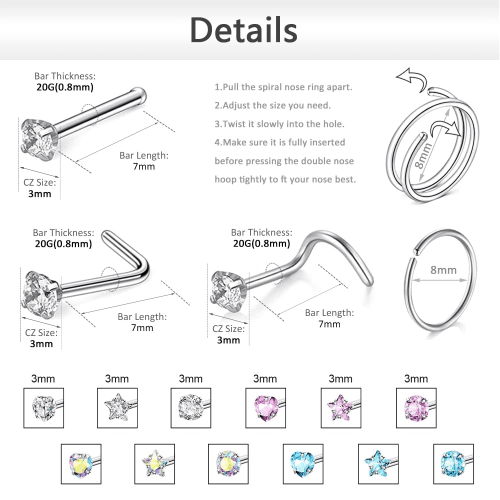18 stuks/set 20g Hoepel Neusring CZ Neuspiercing Neusbotpiercing 1