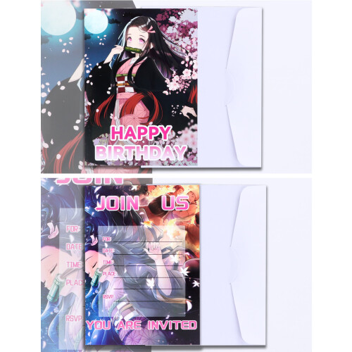 Convites de aniversário da Kamado Nezuko de Demon Slayer com envelopes, 16 unidades, 12,7 x 17,8 cm (5 x 7 polegadas) 1