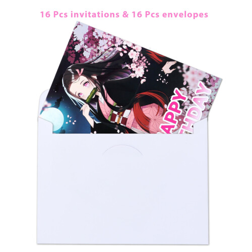 Convites de aniversário da Kamado Nezuko de Demon Slayer com envelopes, 16 unidades, 12,7 x 17,8 cm (5 x 7 polegadas) 2